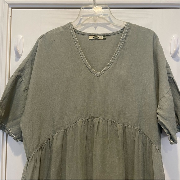 Dolma Midi Dress Women’s Small Med Green 100% Linen Tiered Boho Lagenlook FLAW - Picture 3 of 10